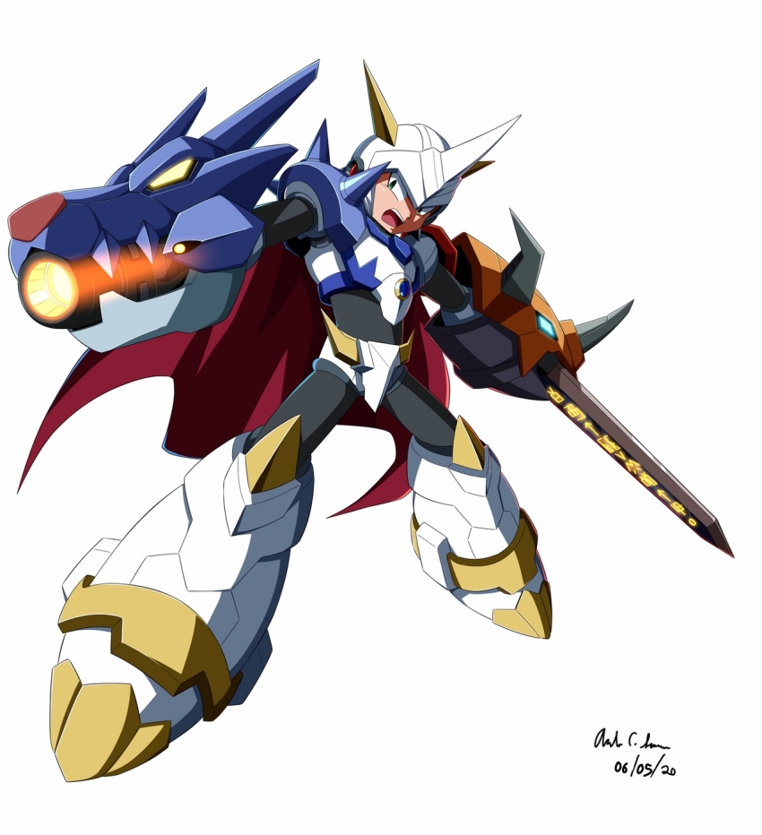 1boy android arm_cannon armor cape claws commentary commission crossover digimon digimon_(creature) digimon_adventure fusion helmet highres horns innovator123 male_focus mega_man_(series) x_(mega_man) mega_man_x_(series) omegamon open_mouth robot simple_background spikes sword weapon white_background