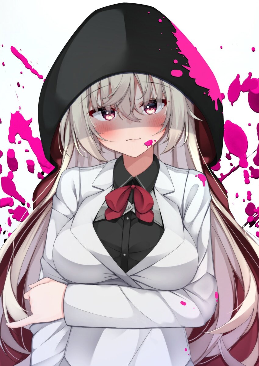 1girl akizuki_kanna arm_under_breasts black_cape black_ribbon black_shirt blood blood_on_face blush breasts cafe_stella_to_shinigami_no_chou cape closed_mouth collared_shirt commentary crossed_bangs holding_own_arm hair_spread_out highres hood hood_up jacket large_breasts long_hair looking_at_viewer pink_blood red_eyes ribbon shaded_face shinigami shirt simple_background smile solo straight-on upper_body very_long_hair white_background white_hair white_jacket yosh1na