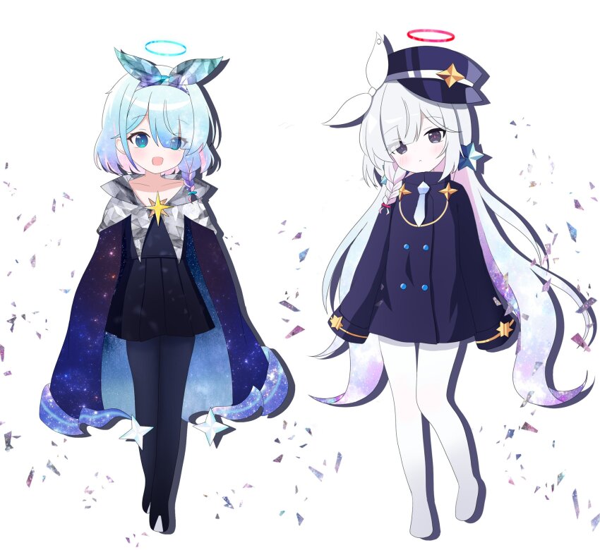 2girls :&lt; :d alternate_costume alternate_hairstyle arona_(blue_archive) black_eyes black_jacket black_shirt black_skirt blue_archive blue_eyes blue_hair blue_halo blue_necktie blush bow braid cape closed_mouth colored_inner_hair commentary cookie_run cookie_run:_kingdom cosplay english_commentary full_body hair_bow hair_ornament hair_over_one_eye hairband halo hat highres iisa111111 jacket long_hair long_sleeves looking_at_viewer milky_way_cookie milky_way_cookie_(cosplay) mismatched_pupils multicolored_hair multiple_girls necktie no_shoes open_mouth pantyhose peaked_cap pink_hair plana_(blue_archive) pleated_skirt red_halo red_pupils shirt short_hair simple_background single_braid skirt sleeves_past_fingers sleeves_past_wrists smile standing star_(symbol) star_hair_ornament stardust_cookie stardust_cookie(cosplay) very_long_hair white_background white_bow white_hair white_pantyhose