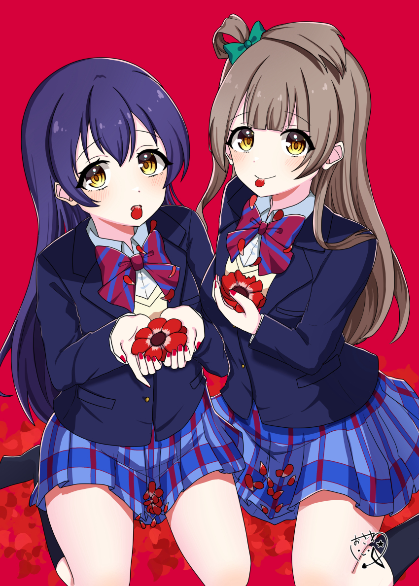 2girls absurdres anemone_(flower) anemone_heart black_socks blue_hair blue_jacket blue_skirt blunt_bangs bow breasts brown_hair cardigan embarrassed flower green_bow hair_between_eyes hair_bow highres holding holding_flower jacket light_blush long_hair looking_at_viewer love_live! love_live!_school_idol_project medium_breasts minami_kotori miniskirt mouth_hold multiple_girls no_shoes open_mouth ozawasan0930 petal_in_mouth petals pleated_skirt red_background red_flower red_petals red_ribbon ribbon shadow shirt side_ponytail sidelocks signature simple_background sitting skirt socks sonoda_umi tareme very_long_hair wariza white_shirt yellow_cardigan yellow_eyes
