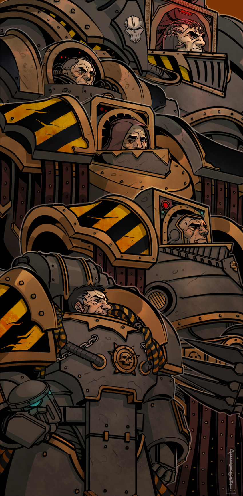 absurdres annoyed armor armored_boots bald barabas_dantioch battle_damage big_nose black_eyes black_hair blue_eyes boots breastplate cable chain couter crotch_plate cuirass erasmus_golg full_armor gauntlets gold_trim greaves grey_armor harkor hazard_stripes helm helmet highres holding holding_helmet hood iron_warriors kydomor_forrix leg_armor male_focus mature_male mechabare natalia_kikicheva pauldrons pelvic_curtain perturabo poleyn power_armor power_claw primarch red_light rerebrace scowl short_hair shoulder_armor skull_ornament thick_eyebrows warhammer_40k