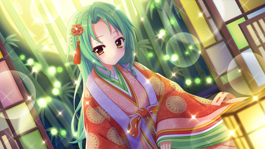 1girl alternate_hairstyle architecture bamboo cardboard_cutout cosplay dot_nose dutch_angle east_asian_architecture film_grain floral_print forehead full_moon game_cg green_hair hair_ornament izumi_tsubasu japanese_clothes kaguya_hime kaguya_hime_(cosplay) kimono layered_clothes layered_kimono layered_sleeves lens_flare long_hair looking_at_viewer moon non-web_source official_art on_floor parted_lips pink_kimono print_kimono re:stage! red_kimono shirokita_kuroha shouji sitting sliding_doors solo sparkle taketori_monogatari tassel tassel_hair_ornament yellow_eyes