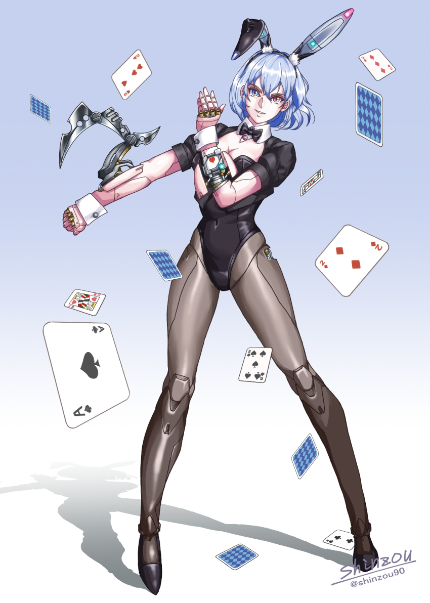 1girl ace_(playing_card) ace_of_hearts ace_of_spades animal_ears arm_blade black_bow black_bowtie blue_background blue_eyes blue_hair bow bowtie card covered_navel cyborg fake_animal_ears five_of_spades full_body gradient_background heart heterochromia highres jack_(playing_card) jack_of_clubs_(playing_card) joints king_(playing_card) king_of_hearts_(playing_card) leotard original playboy_bunny playing_card rabbit_ears red_eyes robot_joints shadow shinzou90 short_hair shrug_(clothing) solo spade_(shape) standing strapless strapless_leotard three_of_diamonds three_of_hearts two-tone_background two_of_clubs two_of_diamonds weapon white_background wrist_cuffs