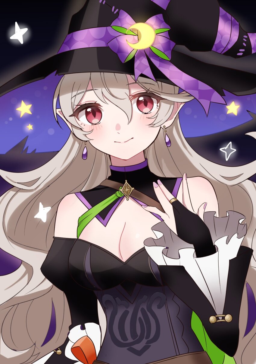1girl bare_shoulders breasts cleavage closed_mouth corrin_(female)_(fire_emblem) corrin_(female)_(halloween)_(fire_emblem) fire_emblem fire_emblem_fates fire_emblem_heroes gmais2514 hair_between_eyes halloween halloween_costume hat highres long_hair looking_at_viewer nintendo official_alternate_costume red_eyes solo upper_body witch witch_hat