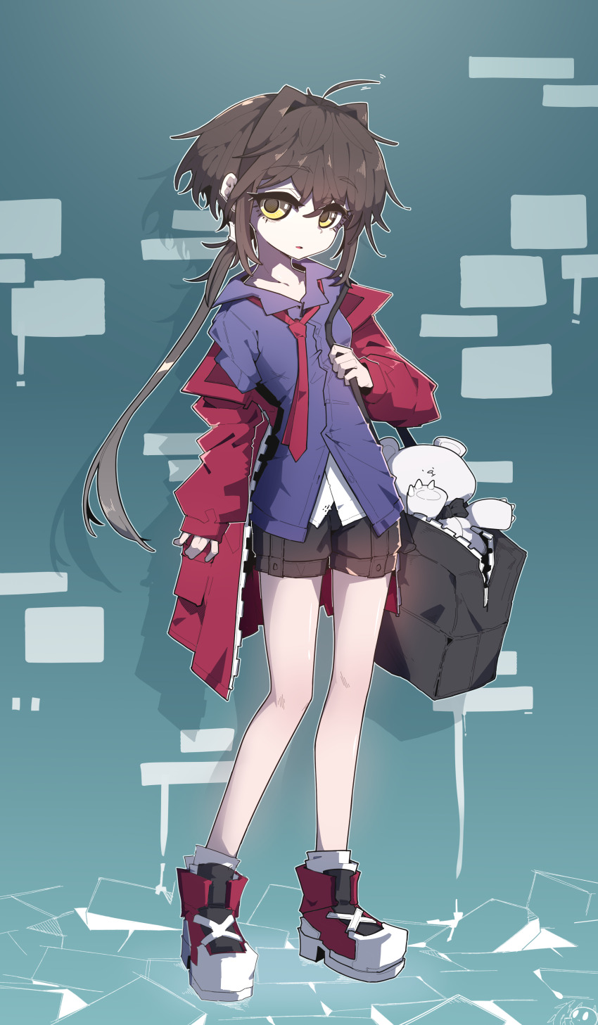 1girl absurdres adapted_costume ahoge alvin_row_(pixiv_107626345) animification bag black_bag black_shoes black_shorts blue_background blue_shirt brown_hair cape coat commentary_request full_body genderswap genderswap_(mtf) gradient_background gradient_hair grey_hair hair_intakes highres holding holding_bag i_wanna_be_the_guy long_hair long_sleeves looking_at_viewer loose_necktie low_ponytail mixed-language_commentary multicolored_hair multicolored_shoes necktie off_shoulder open_clothes open_coat parted_lips partially_unbuttoned ponytail red_coat red_necktie red_shoes shirt shoes short_hair short_shorts shorts shoulder_bag solo standing stuffed_animal stuffed_toy teddy_bear the_kid undershirt variant_set very_long_hair white_shirt white_shoes yellow_eyes