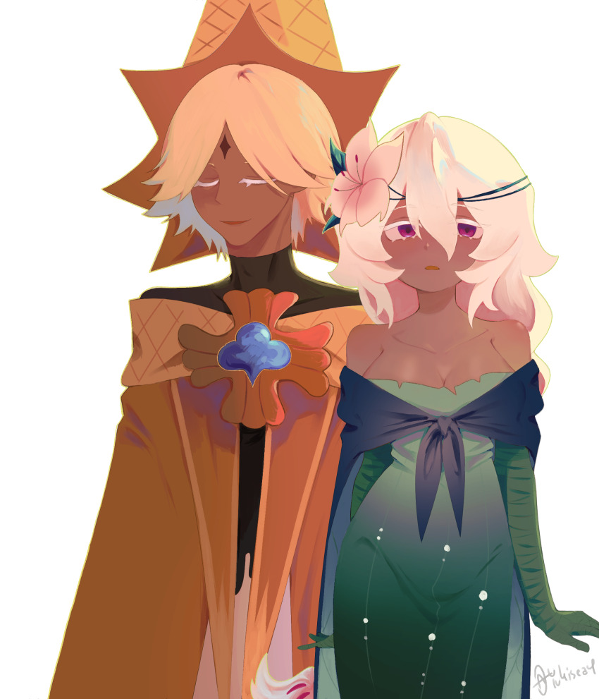 1boy 1girl blonde_hair closed_eyes cookie_run cookie_run:_kingdom facial_mark flower forehead_mark hair_flower hair_ornament highres humanization long_hair long_sleeves parted_bangs pure_vanilla_cookie robe short_hair simple_background smile white_hair white_lily_cookie white_robe yukisea4