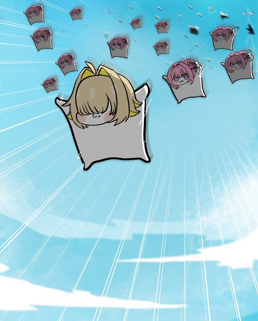 6+girls :3 absurdres ahoge blonde_hair blue_sky blush_stickers chibi clone closed_mouth commentary day doro_(nikke) elegg_(nikke) emphasis_lines english_commentary falling freefall full_body goddess_of_victory:_nikke hair_bun hair_intakes hair_over_eyes hair_ribbon highres minchi_(anda) motion_blur multicolored_hair multiple_girls pink_hair purple_eyes purple_ribbon ribbon short_hair sky smile too_many two-tone_hair