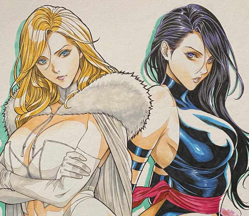 2girls bare_shoulders black_hair blonde_hair breasts cape cleavage crossed_arms elbow_gloves emma_frost fur-trimmed_cape fur_trim gloves hair_over_shoulder highres homare_(fool&#039;s_art) latex latex_leotard leotard long_hair looking_at_viewer marvel multiple_girls psylocke traditional_media white_gloves