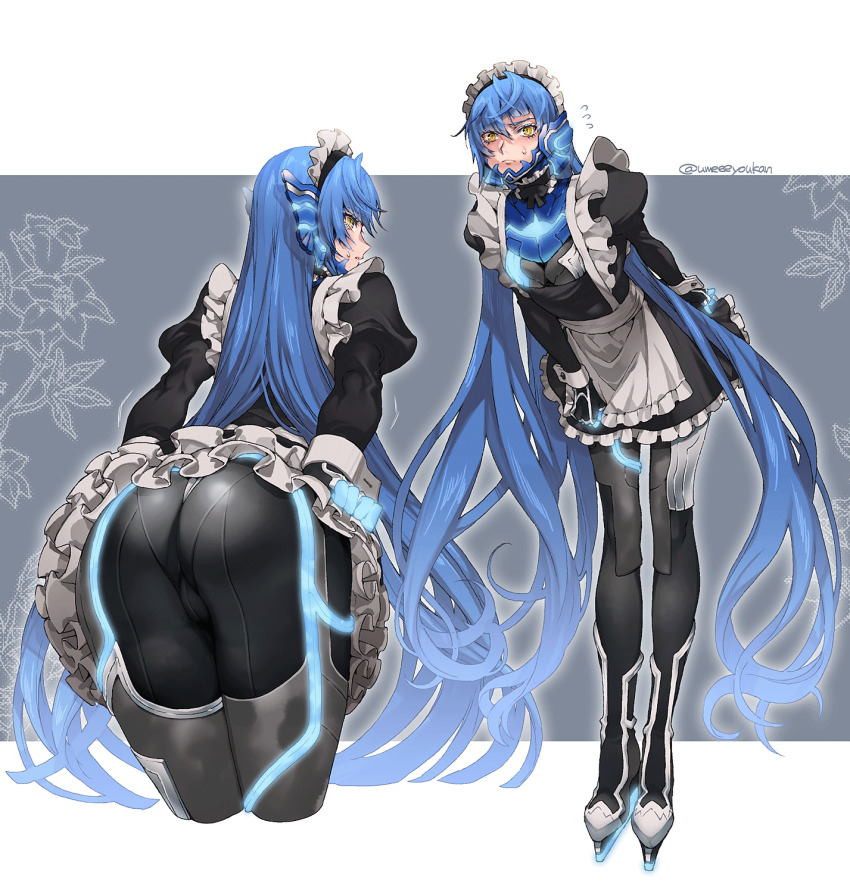 1boy androgynous apron ass bad_id bad_twitter_id bodysuit dress eyelashes frilled_dress frills frown highres leaning_forward long_hair looking_at_viewer maid_apron male_focus nervous platform_footwear protagonist_(smtv) shin_megami_tensei shin_megami_tensei_v simple_background solo tight_clothes umeeeyoukan very_long_hair yellow_eyes