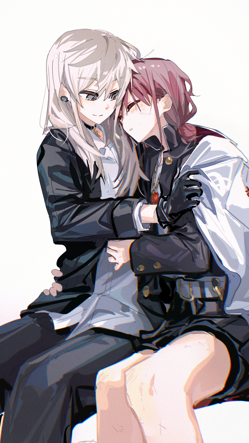 2girls absurdres belt black_choker black_gloves black_jacket black_pants blush brown_hair choker closed_eyes closed_mouth commentary earclip girls_band_cry gloves grey_eyes grey_hair grey_shirt highres hug iseri_nina jacket kawaragi_momoka long_hair low_twintails multicolored_hair multiple_girls open_mouth pants roots_(hair) shirt short_hair short_twintails simple_background sitting sleeping sleeping_on_person twintails white_background white_belt white_jacket ydpfa yuri