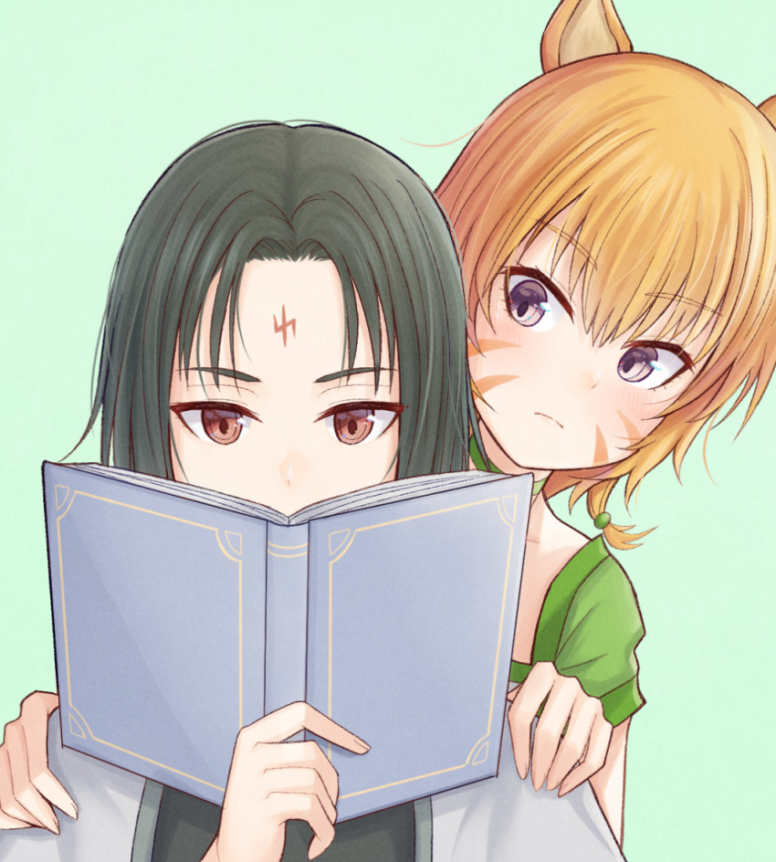 1boy 1girl animal_ears atorie black_hair braid cat cat_ears cat_girl closed_mouth commission commissioner_upload facepaint fire_emblem fire_emblem:_path_of_radiance fire_emblem:_radiant_dawn hand_on_another&#039;s_shoulder lethe_(fire_emblem) nintendo orange_hair peeking purple_eyes reading red_eyes simple_background soren_(fire_emblem) soren_(radiant_confidant)_(fire_emblem)