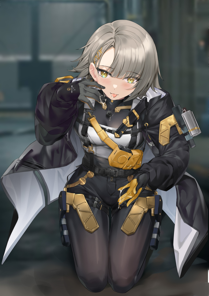 1girl 463_jun absurdres ammunition_pouch belt black_gloves blush breasts cum cum_in_mouth cum_on_body cum_on_hands girls&#039;_frontline girls&#039;_frontline_2:_exilium gloves grey_hair highres jacket kneeling long_hair looking_at_viewer medium_breasts panties pouch skindentation solo thigh_gap thigh_pouch thigh_strap tongue tongue_out underwear vector_(girls&#039;_frontline) yellow_eyes