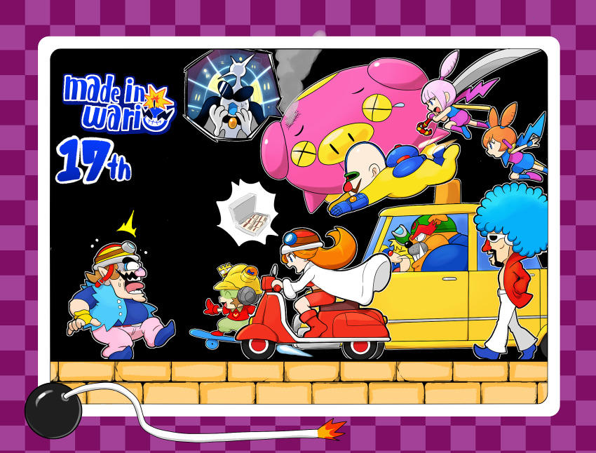 3girls 6+boys 9-volt afro ana_(warioware) anniversary blue_hair brown_hair coat double_bun dr._crygor dribble_(warioware) facial_hair fronk goggles goggles_on_head hair_bun hands_in_pockets helmet highres holding holding_sword holding_weapon hoshi_(star-name2000) jimmy_t kat_(warioware) mona_(warioware) motor_vehicle multiple_boys multiple_girls mustache nintendo orange_hair orbulon pants pink_hair pink_pants scooter skateboard spitz sword taxi wario warioware weapon white_coat white_pants