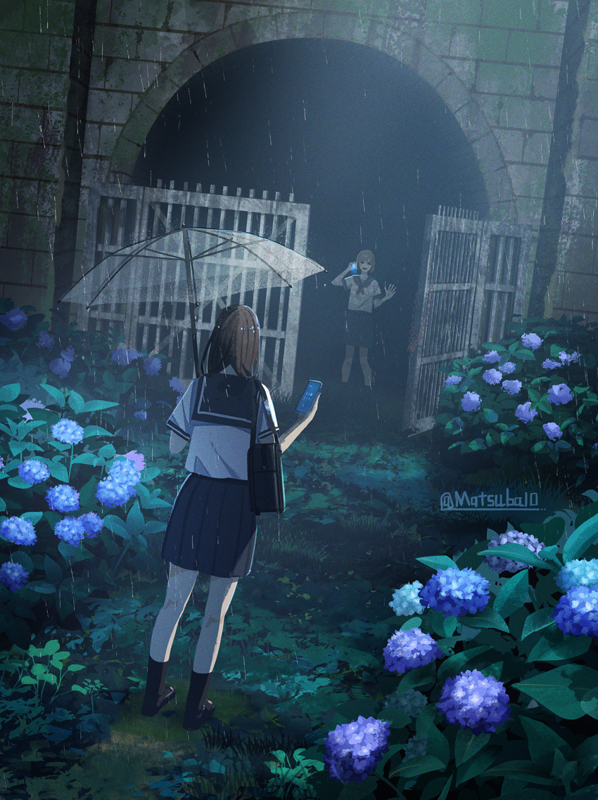2girls bag black_sailor_collar black_shoes black_skirt black_socks bush cellphone commentary_request flower gate grass highres holding holding_phone holding_umbrella hydrangea loafers matsuba10 multiple_girls original phone rain sailor_collar school_bag school_uniform serafuku shoes short_sleeves skirt smartphone socks standing transparent_background tunnel umbrella waving
