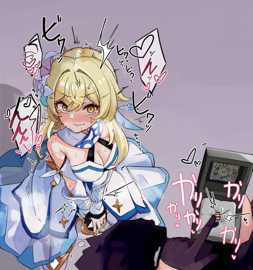 2girls 3: bar_censor blonde_hair box breasts censored cicin_mage_(genshin_impact) cleavage clitoral_stimulation clitoris closed_mouth commentary_request crying crying_with_eyes_open detached_sleeves disembodied_clitoris dress electro_cicin_mage_(genshin_impact) female_orgasm female_pov flower forced_orgasm genshin_impact gloves grey_background hair_between_eyes hair_flower hair_ornament half_gloves halter_dress halterneck heart high-low_skirt highres holding holding_box kneeling looking_at_viewer lucifina_006 lumine_(genshin_impact) medium_breasts multiple_girls orgasm pov pov_hands purple_gloves pussy_juice pussy_juice_puddle saliva shadow shared_sense short_hair_with_long_locks simple_background sleeveless sleeveless_dress solo_focus spoken_heart sweat tears trembling v-shaped_eyebrows v_arms wavy_mouth white_dress white_sleeves yellow_eyes yuri