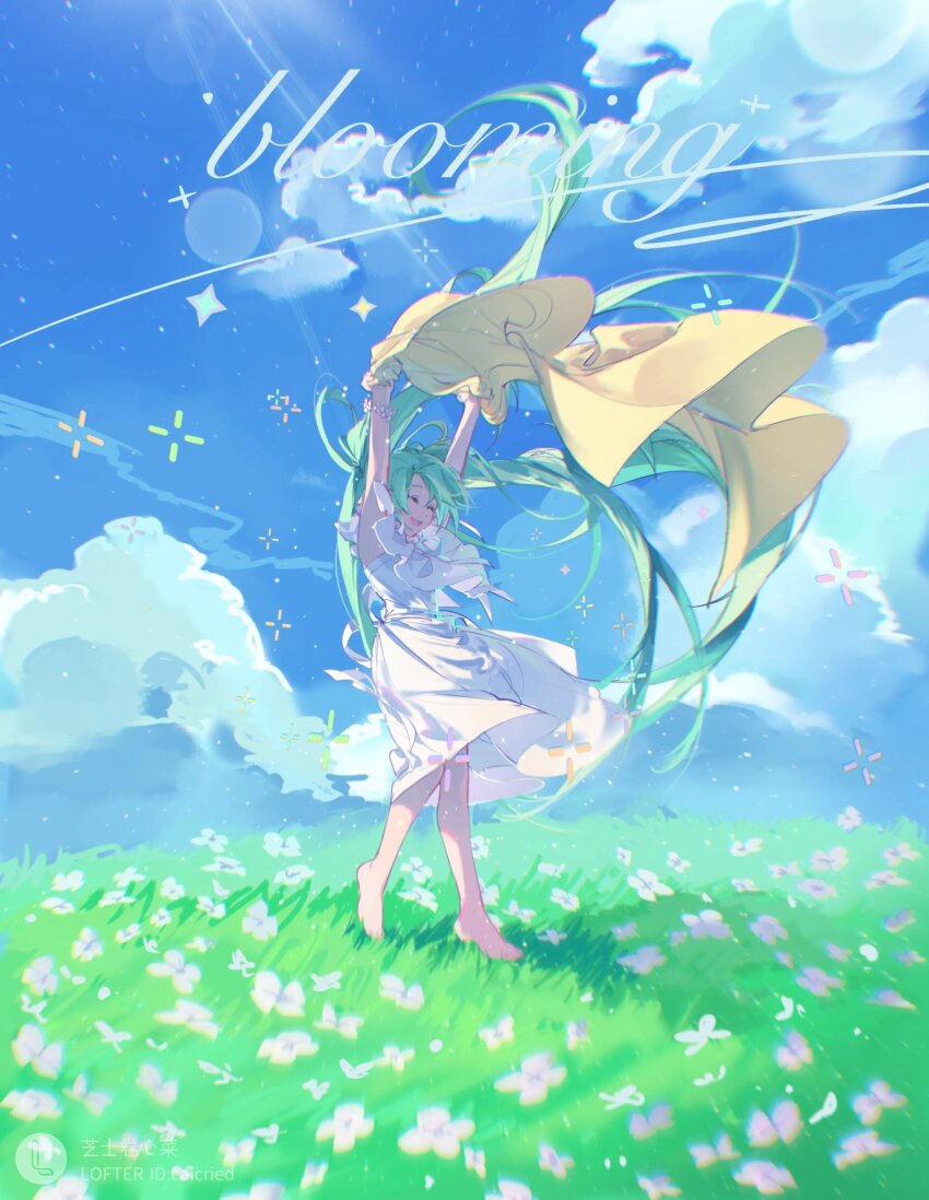 1girl absurdly_long_hair alternate_costume arms_up back_bow backlighting bare_arms barefoot blue_sky blurry bokeh bow bracelet caicried chromatic_aberration closed_eyes cloth clothes_lift cloud colorful cumulonimbus_cloud day depth_of_field dot_nose dress english_text facing_viewer field floating_hair flower flower_bracelet flower_field frilled_dress frills full_body grass green_hair happy hatsune_miku highres hill holding holding_cloth jewelry knees_together_feet_apart laughing light_particles light_rays long_hair medium_dress motion_blur nature neck_ribbon open_mouth outdoors plus_sign ribbon shadow simple_flower sky solo sparkle standing straight_hair strapless strapless_dress sunbeam sunlight text_focus three_quarter_view twintails very_long_hair vocaloid white_bow white_dress white_flower white_ribbon wind wind_lift