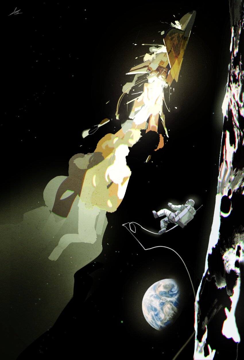 absurdres astronaut bag boots crash dark earth_(planet) fire floating formal_clothes gloves helmet highres in_orbit original outdoors planet signature sky solo space space_helmet spacecraft spacesuit star_(sky) starry_sky suit toktin_zq