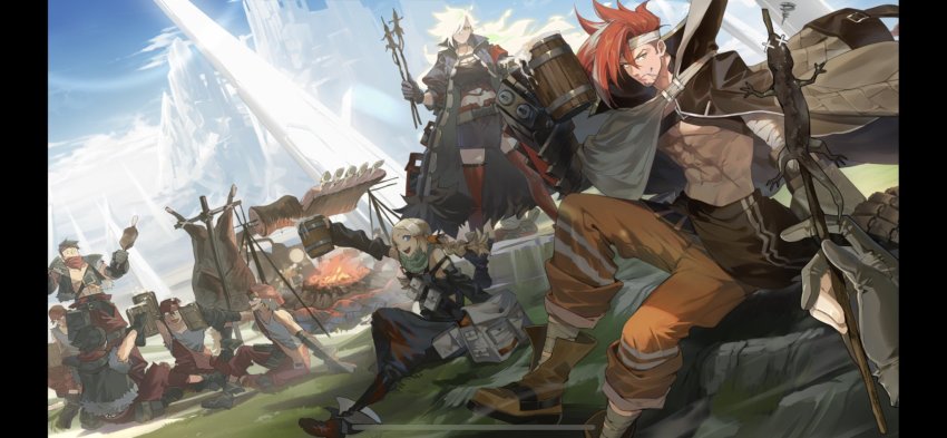 2girls 6+boys abs alchemy_stars bag bandages bandaged_arm bandaged_leg bandages bandana beer_mug black_hair blonde_hair blue_eyes boots braid cape choker coat collared_coat cup detached_sleeves fiery_hair fire food gloves hair_ornament hair_over_one_eye hairclip highres holding holding_stick joanie_boom_(alchemy_stars) kurohal lizard long_hair looking_at_viewer meat mechanical_arms mountain mug multiple_boys multiple_girls navel official_art one_eye_closed open_mouth orange_pants out_of_frame outdoors overalls pants people pillarboxed red_hair red_pants regina_(alchemy_stars) rock rotisserie satchel scarf sinsa_(alchemy_stars) sitting skewer skirt smile squiggle standing stick toasting_(gesture) toothpick