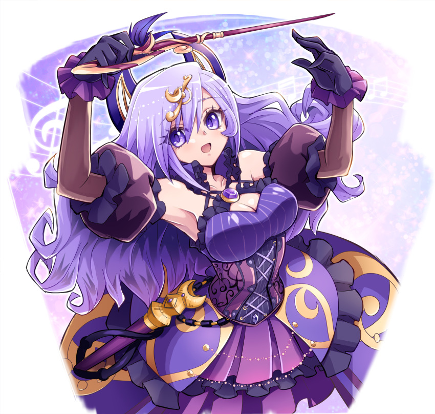 1girl armpits arms_up black_gloves blush breasts cleavage cleavage_cutout clothing_cutout collarbone corset dress duel_monster fortissimo gloves hair_ornament highres holding holding_staff large_breasts musical_note musical_note_hair_ornament musical_staff open_mouth purple_corset purple_dress purple_eyes purple_hair scrunchie sheet_music smile solo solsolfachord_gracia staff usoco wrist_scrunchie yu-gi-oh!