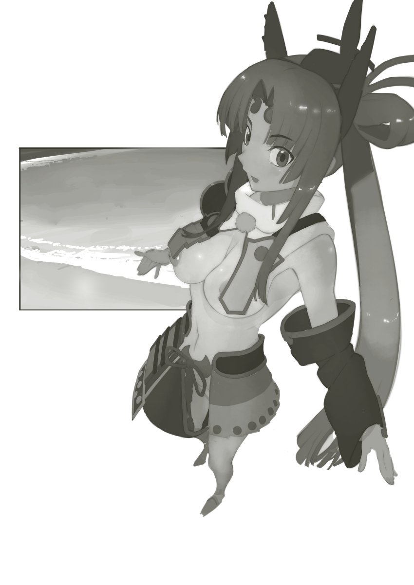 1girl absurdres armor asymmetrical_sleeves breast_curtains breasts detached_sleeves fate/grand_order fate_(series) feather_hair_ornament feathers greyscale hair_bun hair_ornament hat highres japanese_armor long_hair looking_at_viewer medium_breasts mismatched_sleeves monochrome navel nipple_slip nipples open_mouth panties parted_bangs side_bun side_ponytail sidelocks single_hair_bun single_side_bun solo underwear ushiwakamaru_(fate) very_long_hair wide_sleeves wr_(karakusa_senbei)