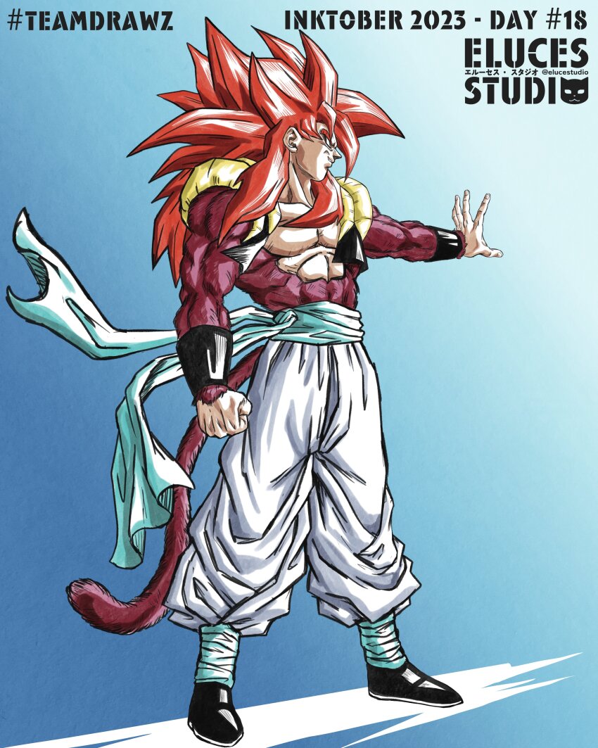 1boy absurdres black_hair blue_sash body_fur dougi dragon_ball dragon_ball_gt elucestudio gogeta highres long_hair male_focus metamoran_vest monkey_boy monkey_tail muscular muscular_male open_mouth pants pectorals red_fur saiyan sash smile solo spiked_hair super_saiyan super_saiyan_4 tail
