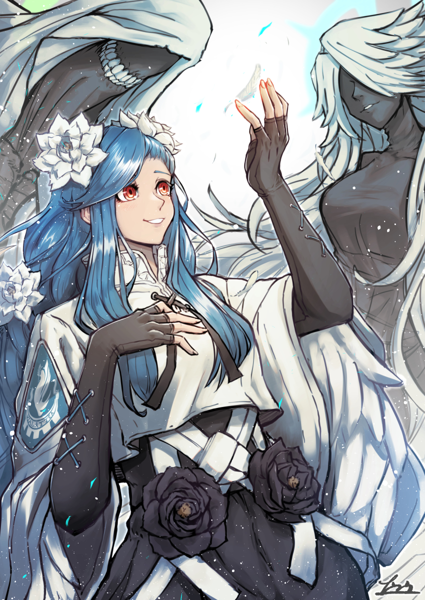 1girl absurdres angel_wings black_dress black_flower black_gloves braid braided_ponytail breasts crop_top dizzy_(guilty_gear) dress elbow_gloves fingerless_gloves flower gloves guilty_gear guilty_gear_strive hand_on_own_chest highres large_breasts mature_female nankou_(koutanan) necro_(guilty_gear) queen_dizzy sidelocks signature smile solo swept_bangs undine_(guilty_gear) white_flower wide_sleeves wings