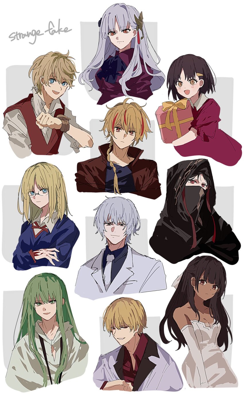 5boys 5girls bare_shoulders black_cloak black_collar black_eyes black_hair black_shirt blonde_hair blue_eyes blue_ribbon blue_shirt blue_vest blush bob_cut bow bowtie braid brown_eyes brown_hair brown_jacket brown_ribbon child cloak closed_mouth collar collarbone collared_dress collared_jacket collared_shirt collared_suit dark-skinned_female dark_skin detached_sleeves dress dress_shirt enkidu_(fate) fate/strange_fake fate_(series) flat_escardos formal_clothes gift gilgamesh_(fate) glasses green_eyes green_hair grey_robe grin hair_ribbon highres holding holding_gift ishtar_(fate) jacket jester_karture k_7s kuruoka_tsubaki long_hair looking_at_viewer looking_to_the_side mask mouth_mask multicolored_hair multiple_boys multiple_girls necktie no_name_assassin_(fate) open_mouth purple_shirt red_bow red_bowtie red_dress red_eyes red_hair red_shirt red_vest ribbon richard_i_(fate) robe sajou_ayaka_(fate/strange_fake) shirt short_hair smile streaked_hair suit tine_chelc two-tone_hair vest white_collar white_dress white_hair white_necktie white_ribbon white_shirt white_sleeves white_suit wristband yellow_eyes