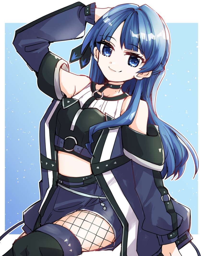 1girl ampere_(love_live!) arm_up armpit_crease bare_shoulders black_choker black_shirt black_thighhighs blue_background blue_coat blue_eyes blue_hair blue_skirt blush border braid choker closed_mouth coat commentary fishnet_pantyhose fishnets hair_intakes half_up_braid half_updo highres invisible_chair kanduki_kamibukuro link!_like!_love_live! long_sleeves looking_at_viewer love_live! midriff miniskirt mole mole_on_neck murano_sayaka o-ring off-shoulder_coat off_shoulder official_alternate_costume open_clothes open_coat outside_border pantyhose pleated_skirt puffy_long_sleeves puffy_sleeves shirt short_sleeves simple_background sitting skirt smile solo split_mouth thighhighs virtual_youtuber white_border