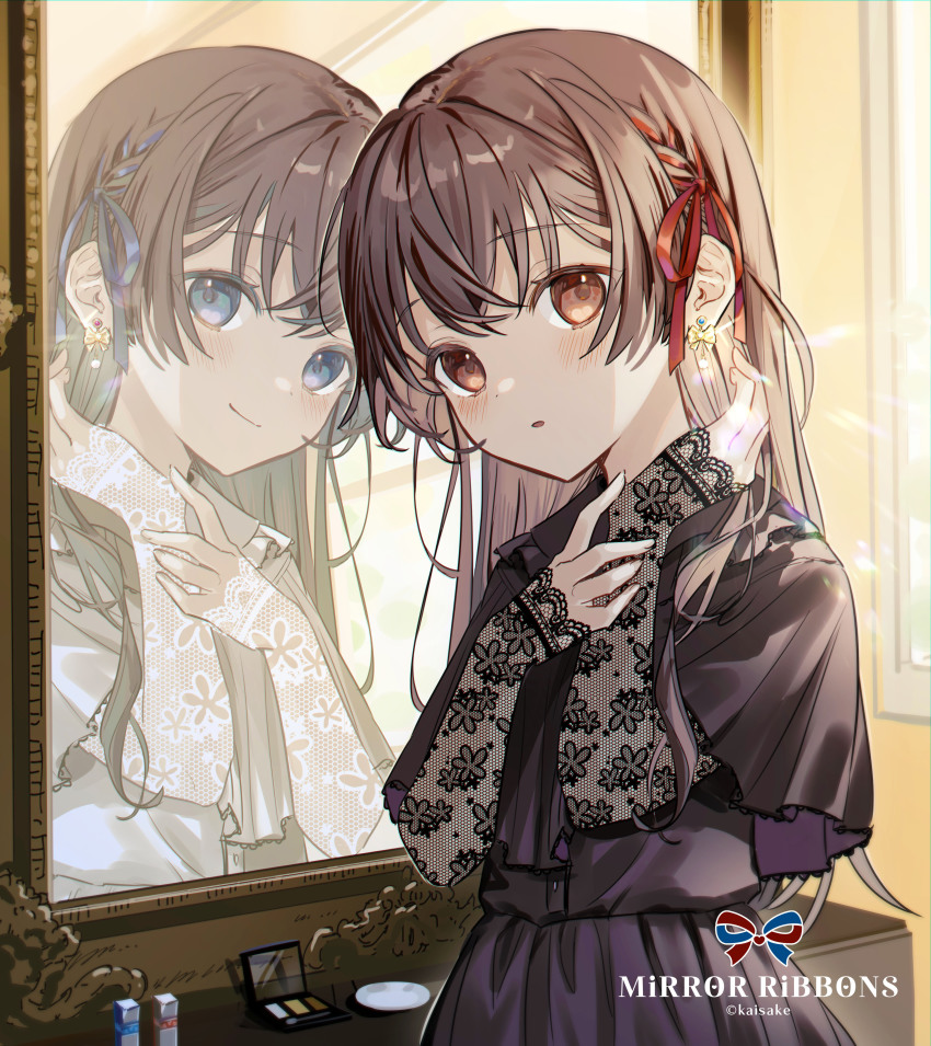 2girls :o absurdres black_dress black_sleeves blue_eyes blue_ribbon blush braid brown_hair commentary_request cosmetics day different_reflection dress earrings expressionless hair_between_eyes hair_over_shoulder hair_ribbon hand_in_own_hair hand_on_own_arm highres indoors jewelry lace_sleeves lipstick_tube long_hair looking_at_viewer makeup mirror mirror_twins multiple_girls original parted_lips red_eyes red_ribbon reflection ribbon sake_(utopia_modoki) see-through_clothes see-through_sleeves siblings sisters smile sunlight twins white_dress white_sleeves window