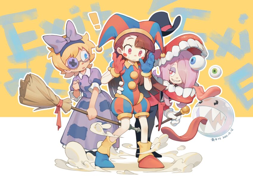 ! 3girls asymmetrical_footwear asymmetrical_gloves black_pants blonde_hair blue_dress blue_eyes blue_footwear blue_gloves blue_headband blush_stickers bow bow_headband broom brown_hair bubble_(the_amazing_digital_circus) button_eyes buttons caine_(the_amazing_digital_circus) caine_(the_amazing_digital_circus)_(cosplay) cosplay disembodied_eye doudoujin dress dust english_text eyeshadow formal_clothes full_body glitch_productions gloves grin hair_bow hand_on_another&#039;s_waist hat headband highres holding holding_broom holding_rod jester jester_cap jester_costume kagari_atsuko little_witch_academia long_hair looking_at_another looking_at_self lotte_jansson makeup mismatched_footwear mismatched_gloves multiple_girls one_eye_covered pants parted_lips patch pink_hair pommel pomni_(the_amazing_digital_circus) pomni_(the_amazing_digital_circus)_(cosplay) puffy_short_sleeves puffy_shorts puffy_sleeves purple_eyeshadow ragatha_(the_amazing_digital_circus) ragatha_(the_amazing_digital_circus)_(cosplay) red_eyes red_footwear red_gloves ribbon rod semi-rimless_eyewear sharp_teeth short_hair short_sleeves shorts smile standing sucy_manbavaran suit surprised sweatdrop teeth the_amazing_digital_circus tongue tongue_out top_hat triangle_nose two-tone_background two-tone_bodysuit two-tone_headwear white_gloves
