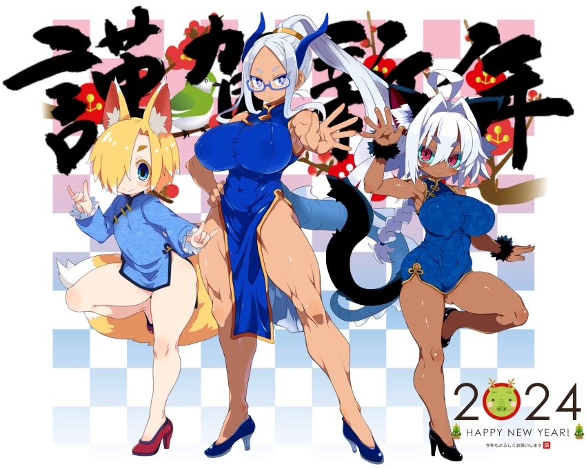 2024 3girls ahoge animal_ear_fluff animal_ears armpits black_shoes blonde_hair blue_dress blue_eyes blue_shoes blush bottomless breasts cat_ears cat_girl cat_tail china_dress chinese_clothes chinese_zodiac closed_mouth dark-skinned_female dark_skin double_fox_shadow_puppet dragon_girl dragon_tail dress eyebrows_hidden_by_hair flat_chest fox_ears fox_girl fox_shadow_puppet fox_tail full_body hair_between_eyes hair_intakes happy_new_year high_heels highres large_breasts long_hair looking_at_viewer multiple_girls new_year original outstretched_hand ponytail red_eyes red_shoes semi-rimless_eyewear shoes short_eyebrows short_hair smile standing standing_on_one_leg stiletto_heels tail tsukinoha_mio very_long_hair white_hair year_of_the_dragon