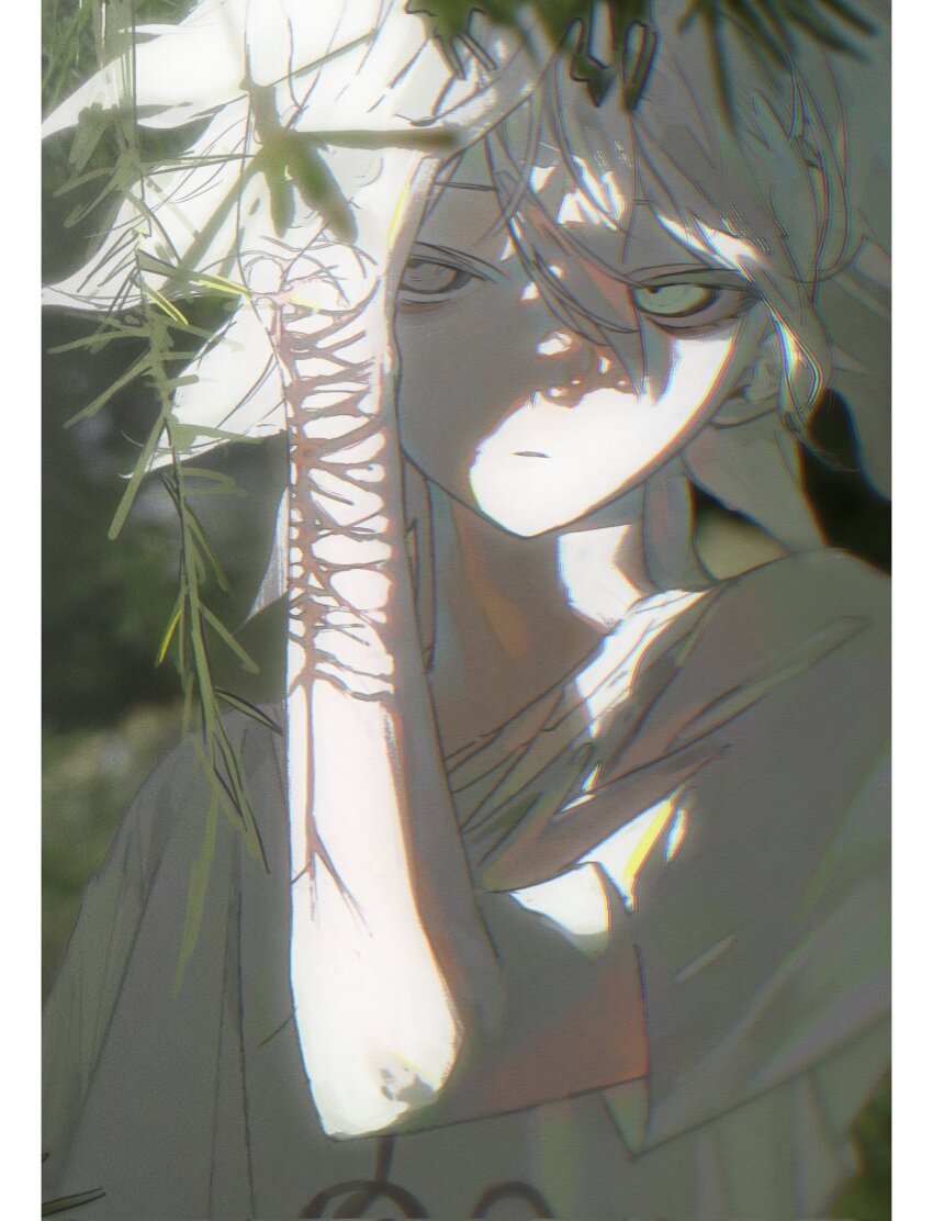 1boy alternate_costume bare_arms border colored_eyelashes danganronpa_(series) danganronpa_2:_goodbye_despair day expressionless forest green_eyes hair_between_eyes hand_on_own_head highres kiyoshi_st komaeda_nagito light_frown male_focus messy_hair nature outdoors pale_skin parted_lips pillarboxed self-harm_scar shade shirt short_hair short_sleeves solo t-shirt upper_body white_border white_hair white_shirt willow