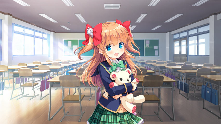 1girl blazer blue_eyes blue_jacket blush bow brown_hair classroom day desk female_focus girlfriend_(kari) green_skirt hair_bow indoors jacket long_hair official_art open_mouth plaid_clothes plaid_skirt qp:flapper ribbon school school_desk school_uniform shirt skirt smile solo standing stuffed_animal stuffed_toy teddy_bear thighhighs two_side_up white_shirt white_thighhighs window yuuki_nae