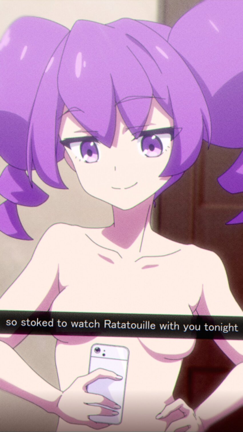 1girl cellphone convenient_censoring highres otachan otachanshow phone purple_eyes purple_hair smartphone smile tagme