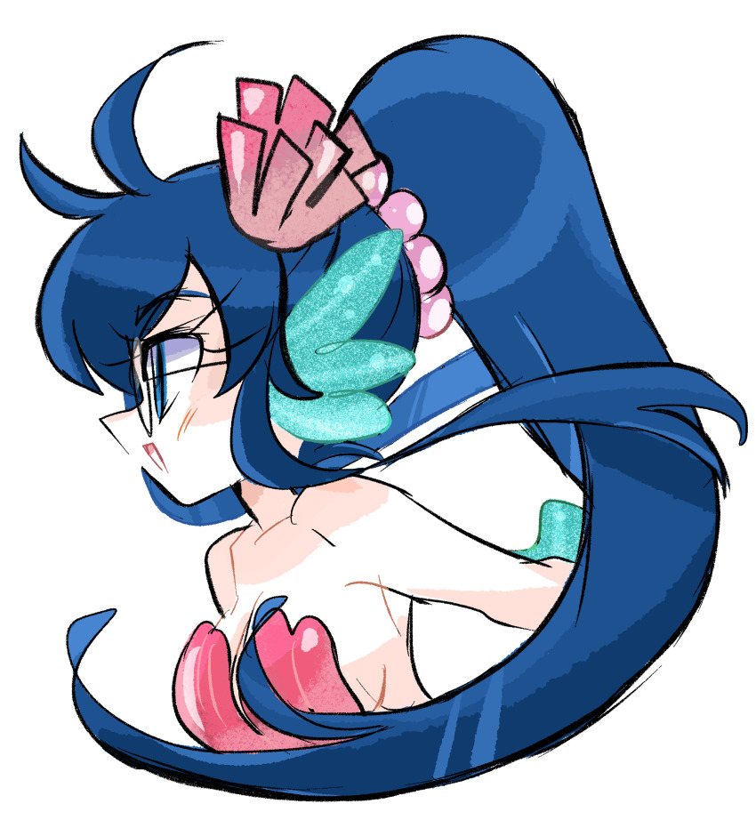 1girl absurdres blue_eyes blue_hair blush breasts commentary_request commission eyelashes from_side fuuko_(kazeoceantide) glasses highres long_hair open_mouth original pixiv_commission ponytail profile rakugaki_shitagari-ya shell shell_bikini smile solo transparent_background