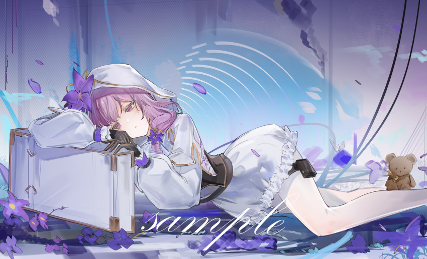 1girl :o absurdres black_corset black_gloves black_straps bow briefcase bug butterfly commentary corset dress flantia flower frilled_dress frills gloves hair_flower hair_ornament highres hood hood_up hooded_dress insect long_hair long_sleeves lying on_side original pantyhose pink_eyes purple_flower purple_hair sample_watermark solo strap stuffed_animal stuffed_toy teddy_bear thigh_strap watermark white_dress white_hood white_pantyhose yellow_bow