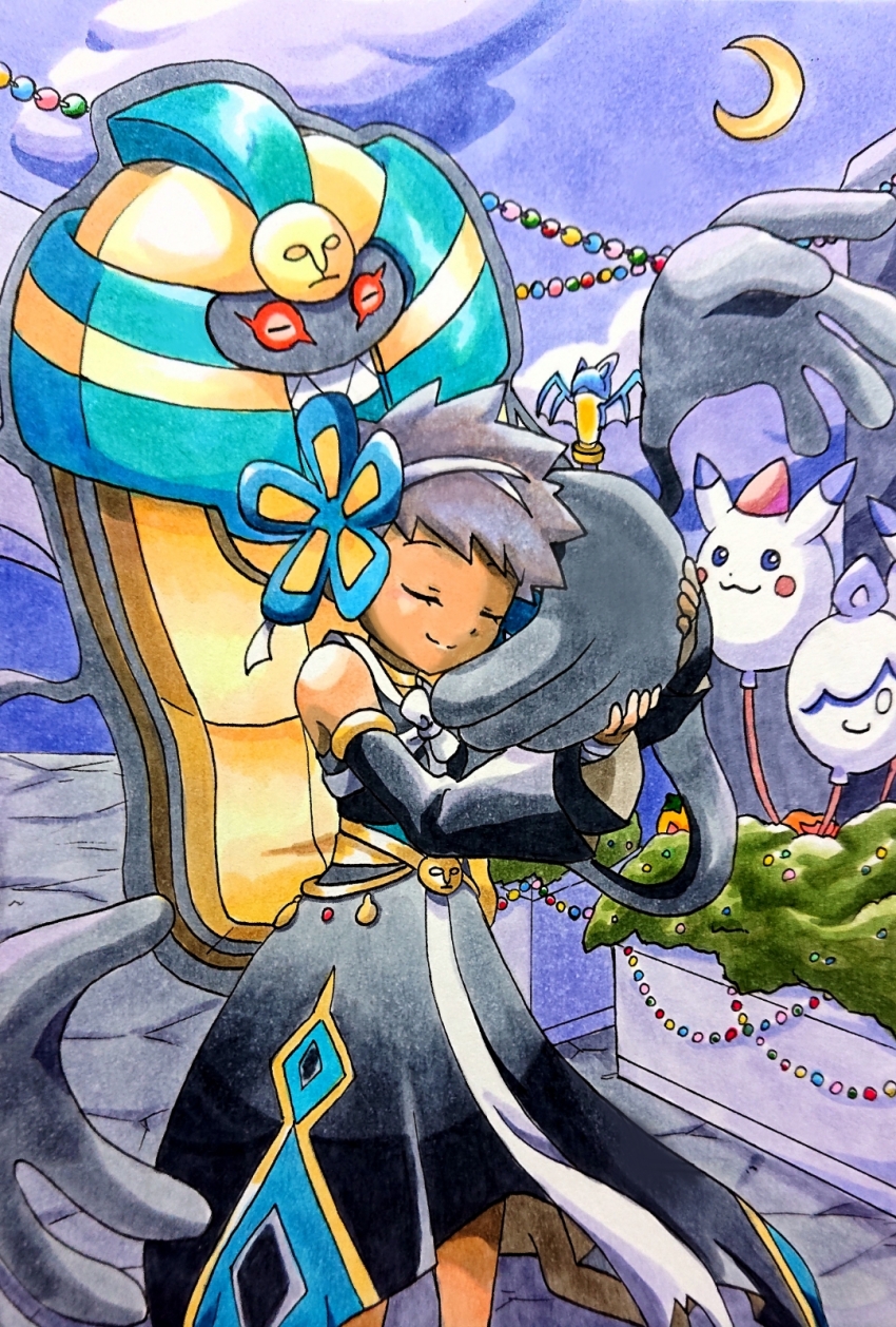 :3 alternate_costume balloon black_dress black_hair closed_eyes closed_mouth cloud cofagrigus crescent_moon dress gen_1_pokemon gen_5_pokemon hairband highres litwick moon night nintendo official_alternate_costume phoebe_(fall_2023)_(pokemon) phoebe_(pokemon) pikachu pokemon pokemon_(creature) pokemon_masters_ex red_eyes sharp_teeth short_hair smile speedy_(pkh) teeth very_short_hair white_hairband zubat