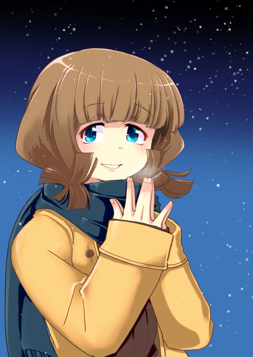1girl brown_hair highres light_smile looking_at_viewer mahou_shoujo_madoka_magica mahou_shoujo_oriko_magica medium_hair mengnaidu own_hands_together snowing solo teeth upper_body yuuki_sasa