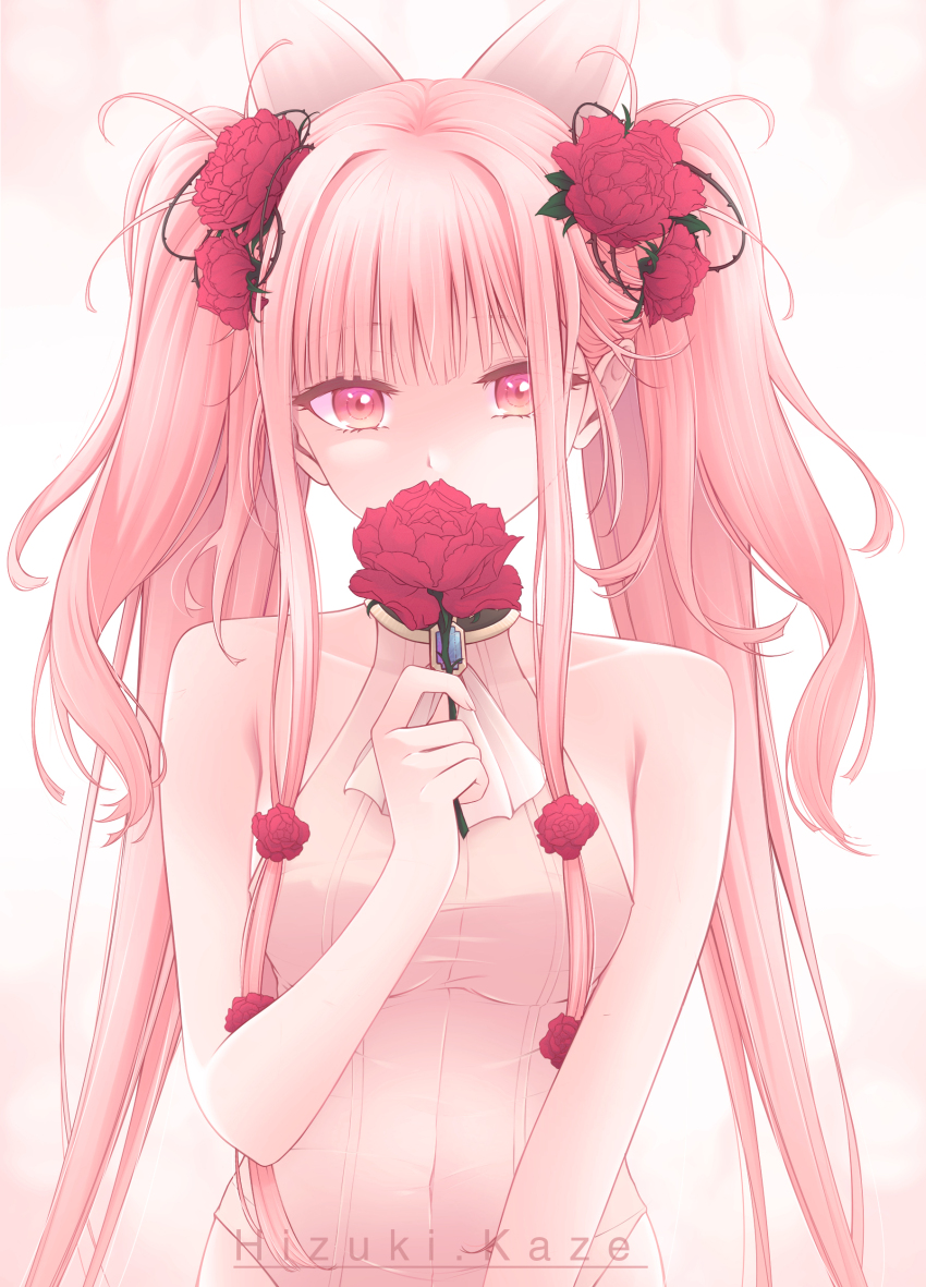 1girl absurdres animal_ears artist_name covered_mouth flower girls&#039;_frontline hair_flower hair_ornament highres hizuki.kaze holding holding_flower leotard long_hair martini-henry_(girls&#039;_frontline) pink_eyes pink_hair rose simple_background solo twintails upper_body white_leotard