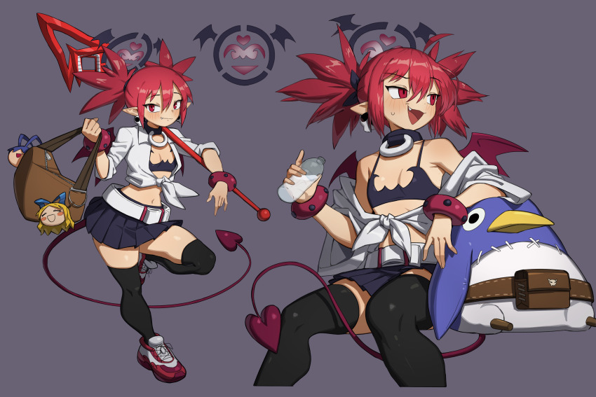 1girl :3 absurdres bag bangle bare_shoulders beak belt black_ribbon black_thighhighs blue_bra blue_choker blue_skirt blush bottle bra bracelet breasts brown_bag brown_belt choker closed_mouth demon_girl demon_tail demon_wings disgaea earrings etna_(disgaea) fang feet_out_of_frame flonne flowerpigeon full_body grey_background hair_between_eyes halo highres holding holding_bag holding_bottle holding_polearm holding_weapon invisible_chair jewelry laharl lance looking_at_viewer looking_to_the_side medium_hair miniskirt multicolored_shoes multiple_views navel o-ring o-ring_choker off_shoulder open_mouth pleated_skirt polearm prinny raised_eyebrow red_eyes red_hair red_shoes red_tail ribbon shirt shoes sidelocks simple_background sitting skirt skull_earrings sleeves_rolled_up small_breasts sneakers spaghetti_strap standing standing_on_one_leg stitched_torso stitches straight_hair tail thighhighs twintails two-tone_shoes underwear water_bottle weapon white_belt white_shirt white_shoes wings zettai_ryouiki