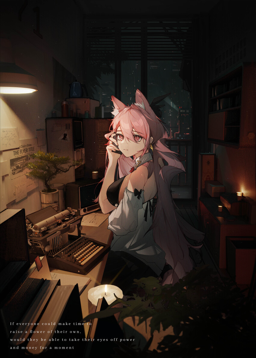 1girl absurdres alternate_costume animal_ear_fluff animal_ears arknights balcony bare_shoulders black_bow black_bra black_ribbon bonsai book bookshelf bow bra breasts cabinet candle city crt english_text extra_ears hair_ribbon highres holding holding_phone huajiaohaibao indoors kettle lamp large_breasts long_hair looking_at_viewer night paper phone pink_eyes pink_hair plant potted_plant pozyomka_(arknights) rhodes_island_logo_(arknights) ribbon shirt sitting solo sparkle_earrings sticky_note table typewriter underwear very_long_hair white_shirt wolf_ears wolf_girl