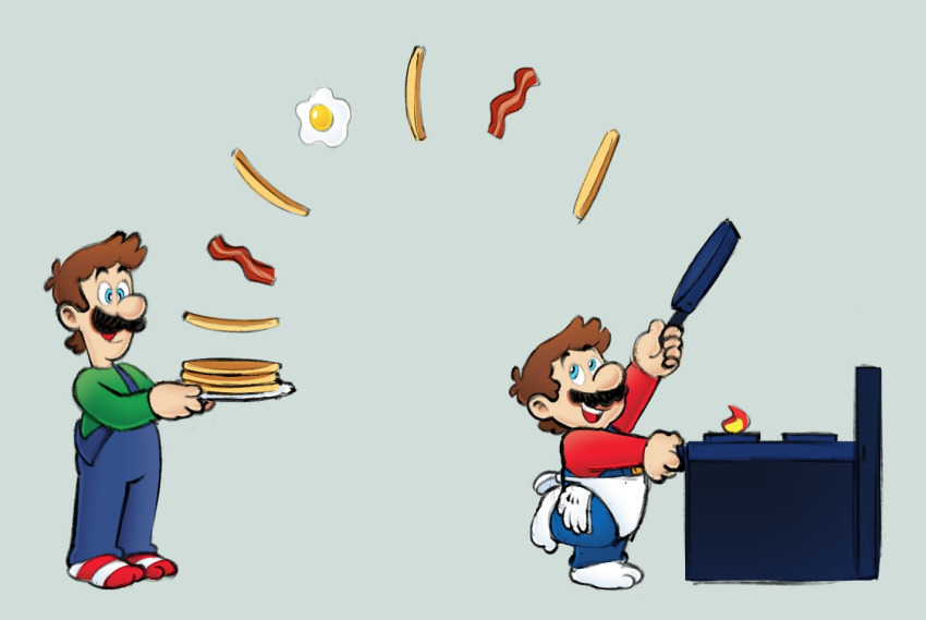bacon breakfast brown_hair cooking cooliodavid egg_(food) facial_hair food frying_pan hungry luigi mario mario_(series) mustache nintendo on_model overalls pancake shirt size_difference smile socks stove striped_clothes striped_socks tongue tongue_out
