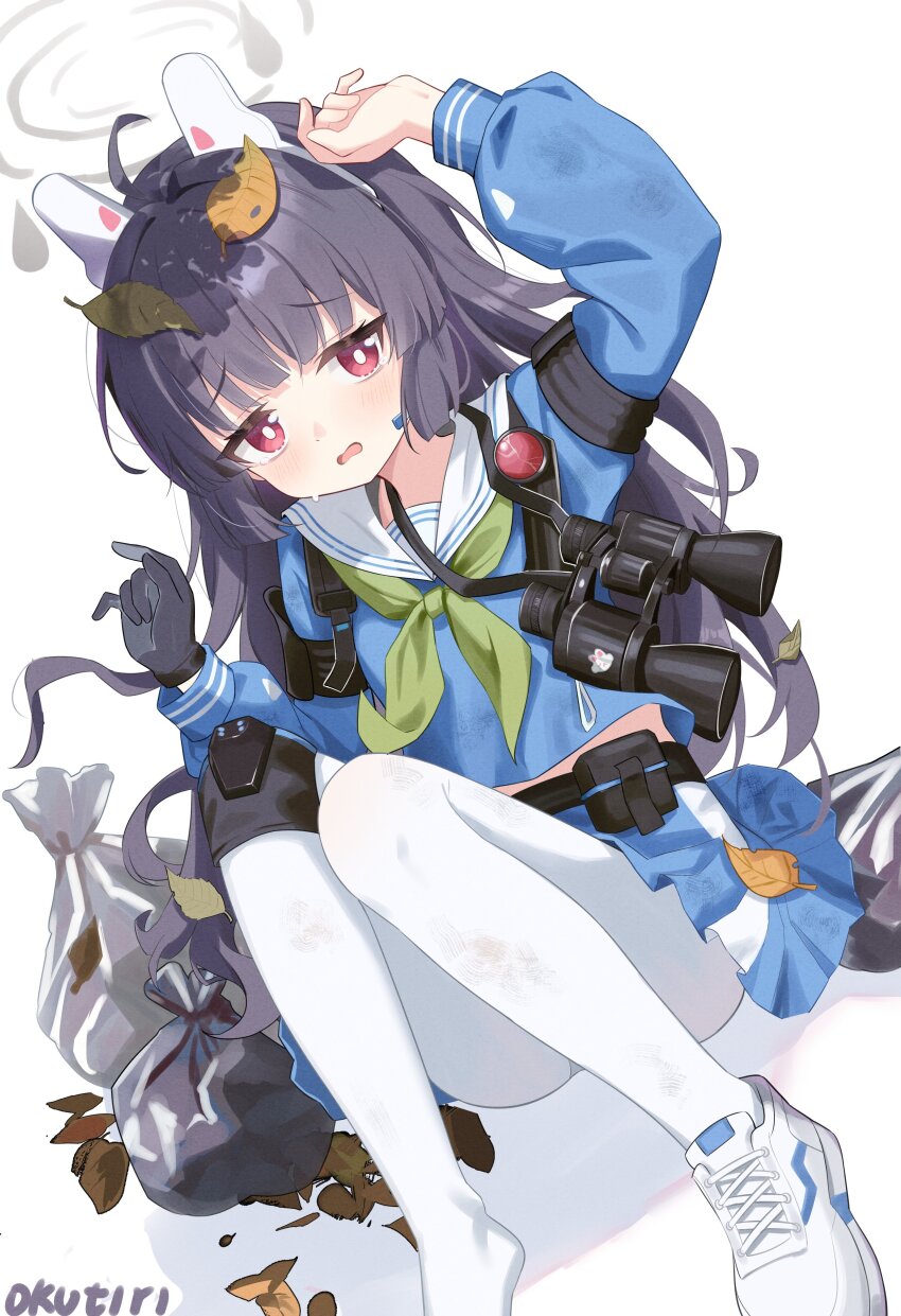 1girl absurdres animal_ear_hairband animal_ears black_gloves black_hair blue_archive blue_shirt dirty dirty_clothes exusiai_dust fake_animal_ears flying_sweatdrops gloves green_neckerchief hairband highres leaf leaf_on_head long_hair miyu_(blue_archive) neckerchief pantyhose rabbit_ears rabbit_platoon_(blue_archive) red_eyes shirt simple_background white_background white_pantyhose
