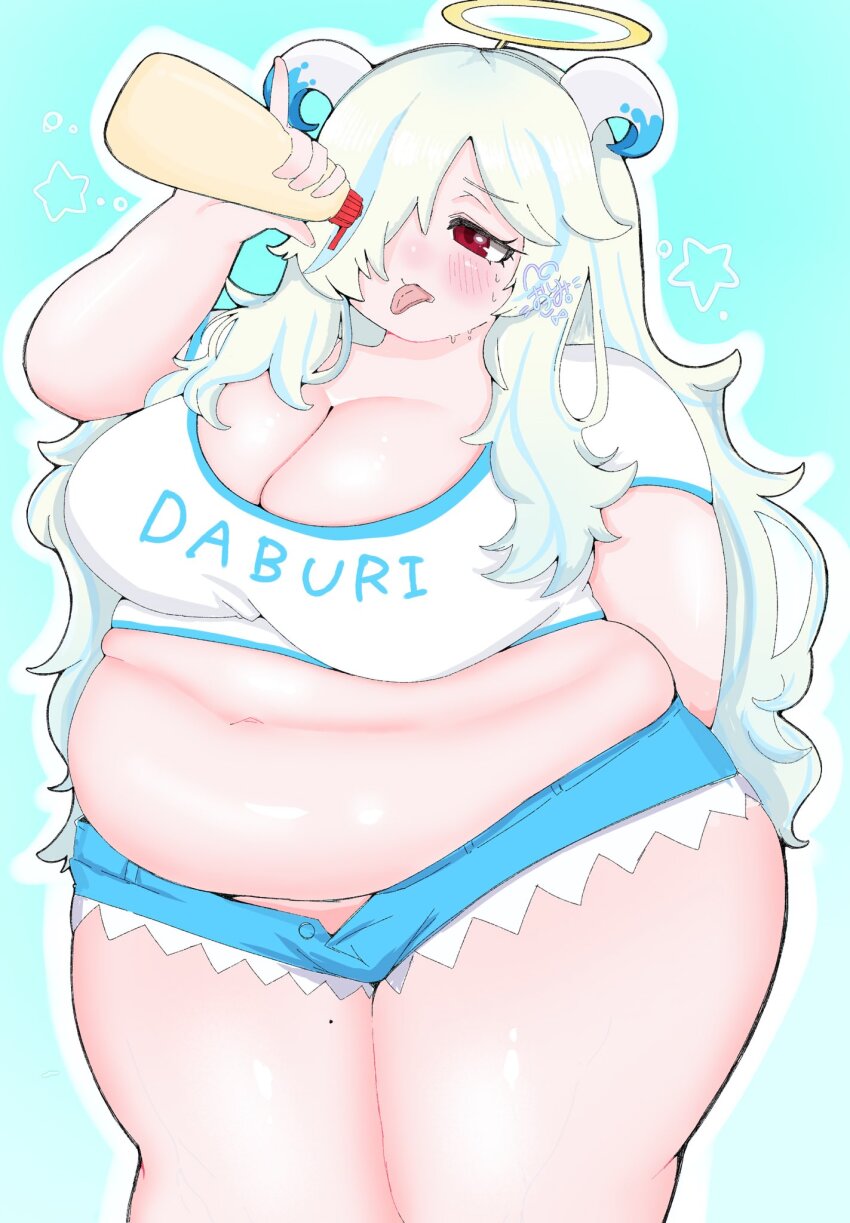 1girl arm_behind_back artist_request blue_background blue_hair blue_shorts blush bottle breasts cleavage crop_top doubliel fake_halo fat fat_woman green_hair hair_over_one_eye halo holding holding_bottle horns large_breasts long_hair mahjong_fight_girl mayonnaise_bottle messy_hair mole mole_on_thigh multicolored_hair navel one_eye_covered osasimi_00_00 red_eyes shirt short_shorts shorts solo standing star_(symbol) sweat thick_thighs thighs tongue tongue_out unbuttoned white_shirt