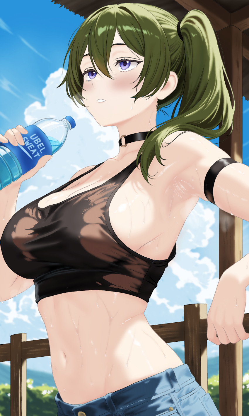 1girl absurdres alternate_costume arm_strap black_choker black_sports_bra blue_sky blush bottle breasts choker cleavage cloud collarbone commentary contemporary day denim double-parted_bangs english_commentary english_text fence green_hair hair_between_eyes hair_over_shoulder hair_tie highres holding holding_bottle hot large_breasts lewd_chan long_bangs long_hair navel no_shirt o-ring o-ring_choker outdoors parted_lips purple_eyes side_ponytail sideboob sky solo sousou_no_frieren sports_bra stomach sweat ubel_(sousou_no_frieren) upper_body very_sweaty water water_bottle wet wet_clothes wet_sports_bra wooden_fence