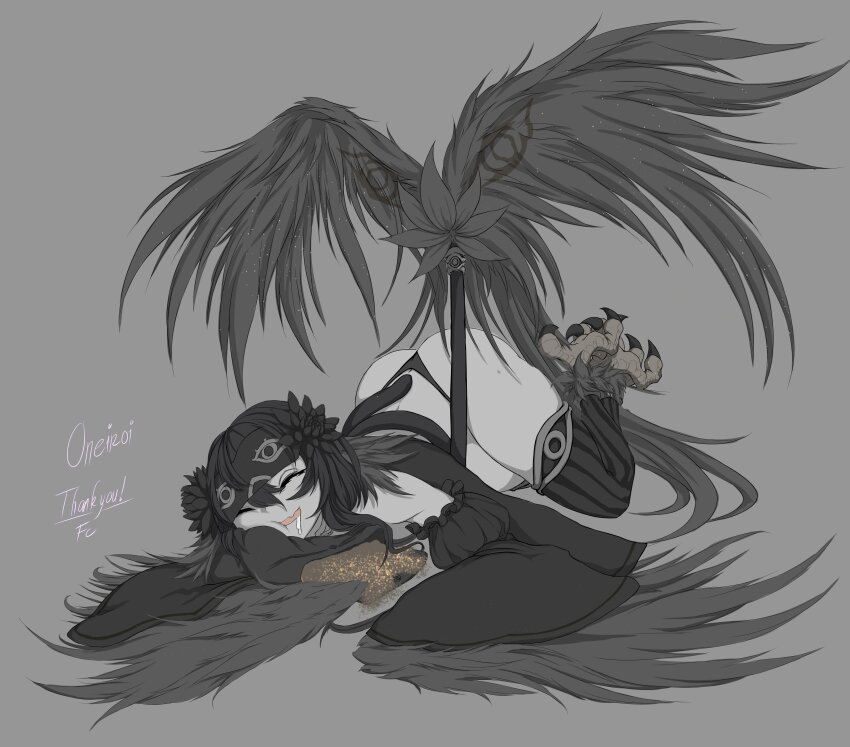 1girl absurdres bag bird_legs character_name closed_eyes commission detached_sleeves drooling fchimaera feathered_wings greyscale hair_between_eyes harpy head_wings highres long_hair lying monochrome monster_girl on_floor on_stomach oneiroi_(apexhydra8) open_mouth original partially_feathered_tail sand sleep_mask sleeping solo spot_color talons thank_you thighhighs winged_arms winged_tail wings