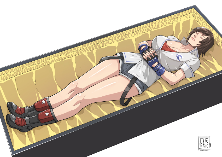 1girl 2025 absurdres artist_name breasts brown_hair cirenk cleavage closed_eyes commentary commission english_commentary fingerless_gloves gloves highres kazama_asuka shorts simple_background solo tekken white_background