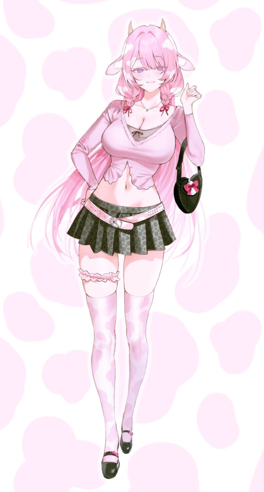 1girl animal_ears bag belt black_skirt braid breasts cleavage collarbone cow_ears cow_girl cow_horns cropped_shirt da_jins_rins frilled_thigh_strap full_body hair_intakes handbag highres horns jewelry large_breasts long_hair long_sleeves looking_at_viewer navel navel_piercing necklace original piercing pink_belt pink_hair pleated_skirt purple_eyes skirt standing thigh_strap thighhighs twin_braids