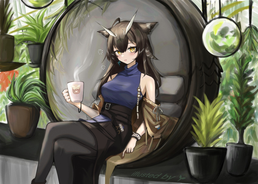 1girl absurdres arknights arshuw bare_shoulders belt black_belt black_pantyhose black_sash black_skirt blue_shirt blush bright_pupils brown_hair coffee_mug commentary commentary_request crossed_legs cup english_commentary feet_out_of_frame grey_hair highres holding holding_cup indoors long_hair looking_at_viewer mixed-language_commentary mug multicolored_hair off_shoulder official_alternate_costume open_mouth pantyhose partial_commentary plant potted_plant sash shirt silence_(arknights) silence_the_paradigmatic_(arknights) silence_the_paradigmatic_(habitat)_(arknights) sitting skirt sleeveless sleeveless_shirt solo squeans steam streaked_hair turtleneck turtleneck_shirt watermark white_pupils yellow_eyes