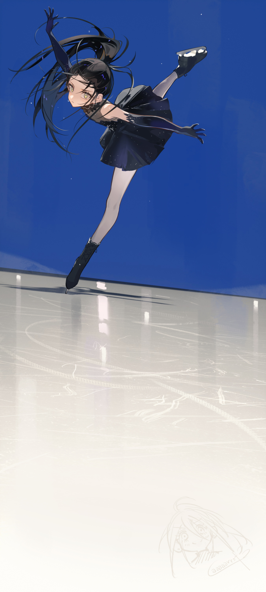1girl absurdres artist_name black_dress black_gloves black_hair blue_background child commentary_request dress dynamic_pose elbow_gloves figure_skating figure_skating_dress floating_hair gloves highres hunched_over ice_skates ice_skating kamisaki_hikaru leg_up looking_at_viewer medalist_(manga) outstretched_arms pantyhose ponytail signature simple_background skates skating skating_rink solo spread_arms toto_(caaaaarrot) white_pantyhose yellow_eyes